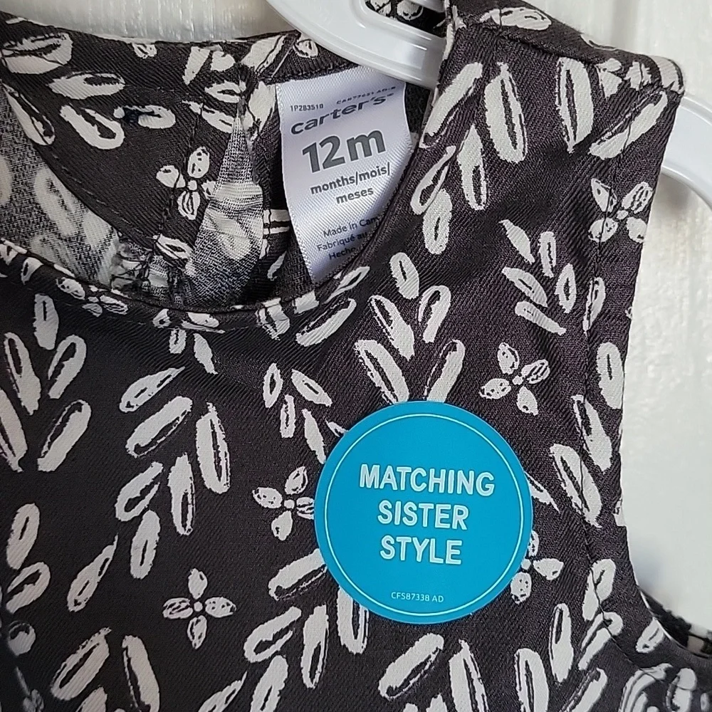 Carter's NWT, girls 12 months, 1 piece romper, charcoal gray and white.